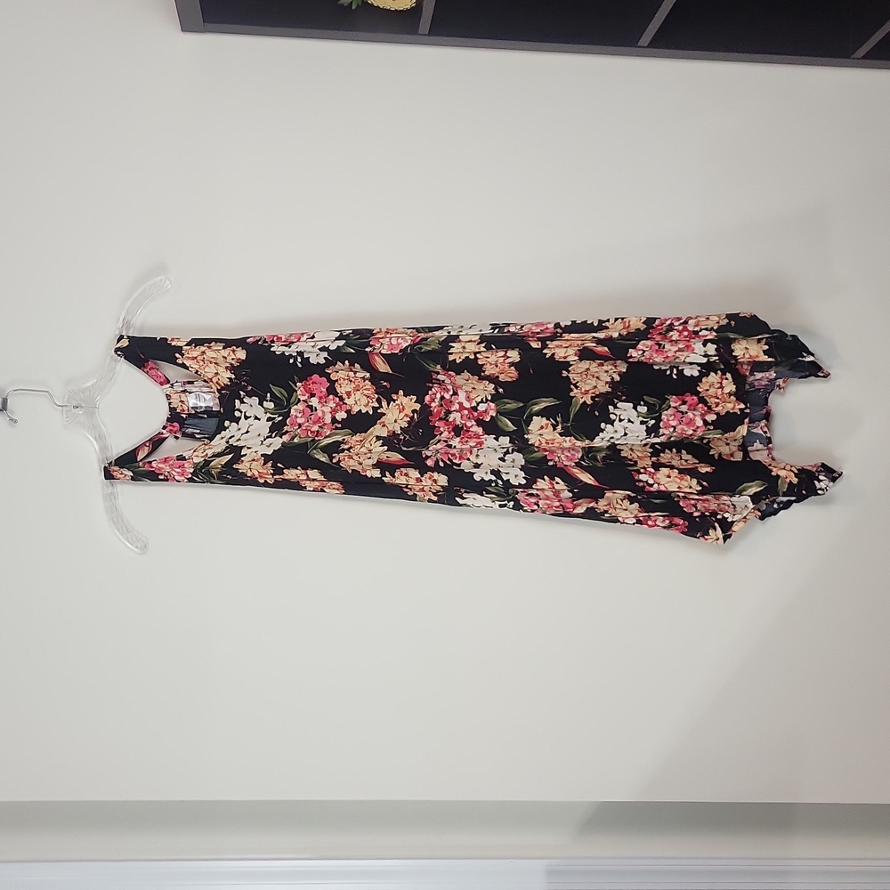 WESTLOOP Black Floral Rayon Woven Short Dress with  Handkerchief-Like Hemline